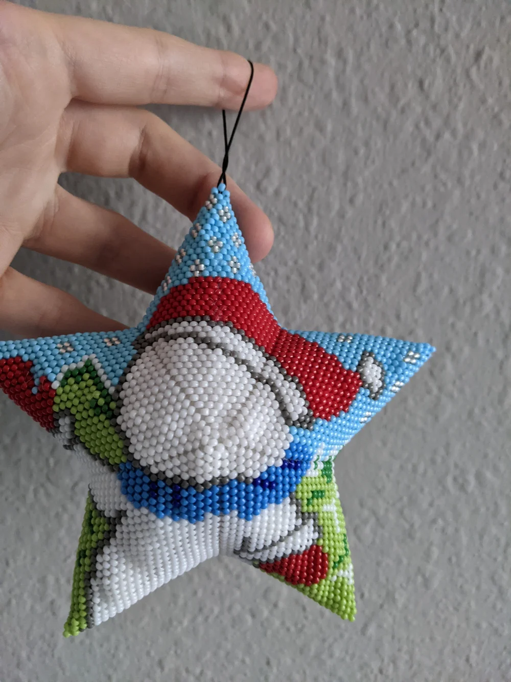 Handmade Blue Star Snowman Ornament with Red Hat